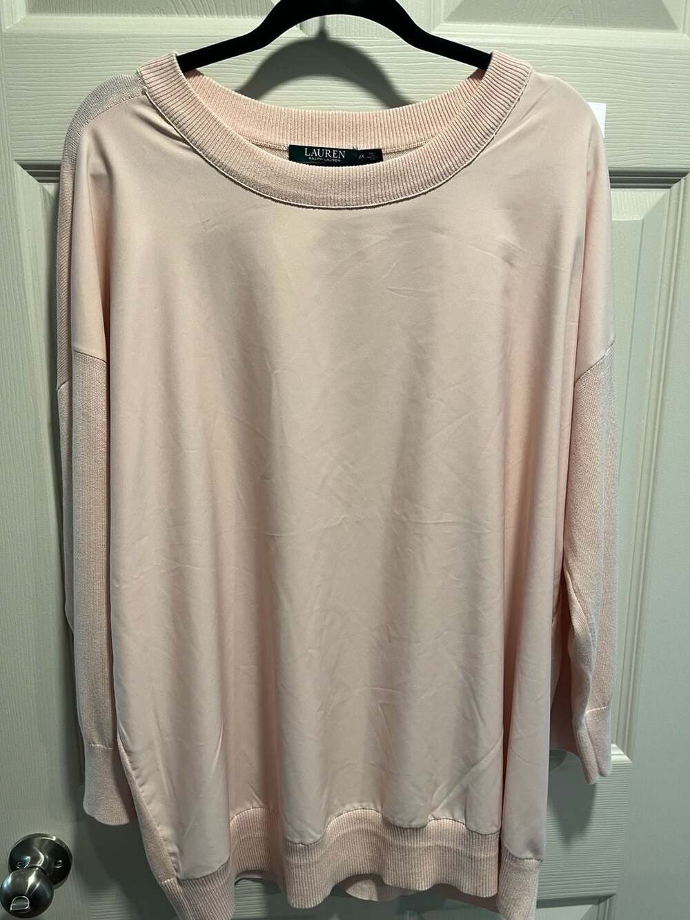 Lauren Ralph Lauren Plus Size 2X Light Pink Crewneck Mixed Media Sweater